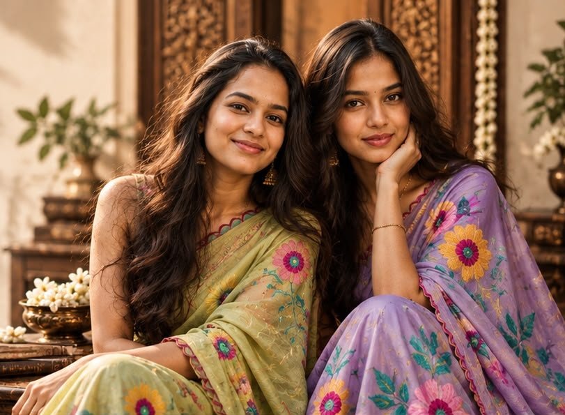Two friends in green and lilac floral sarees, seated together by a carved wooden door